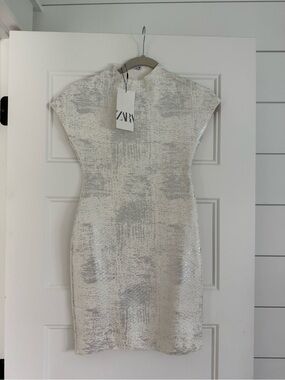 Zara Silver-White Metallic Mini Dress